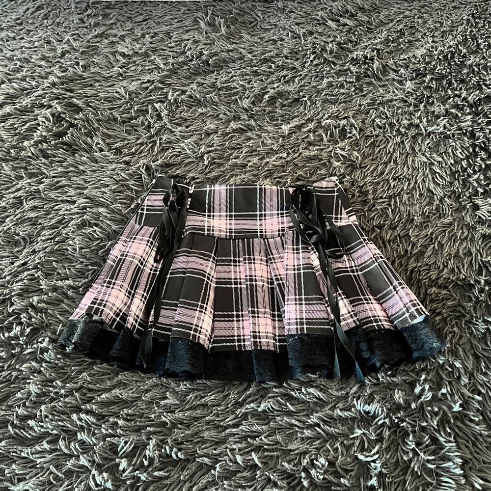 Pleated Pink & Black Plaid Mini Skirt